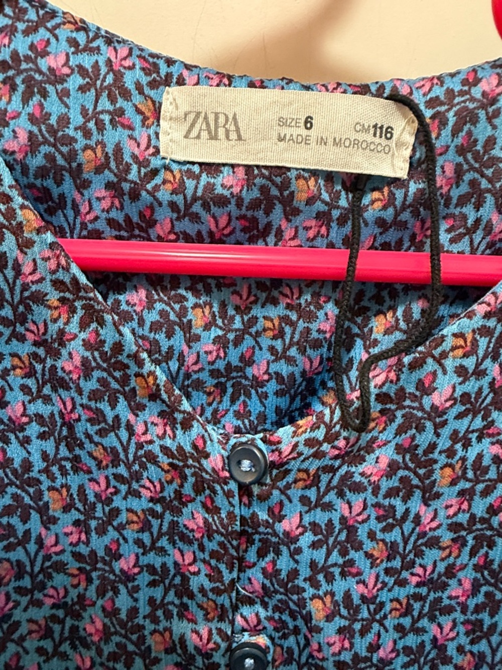 Zara Blue Floral Button-Front Silky Dress Lined Underneath - Picture 7 of 8